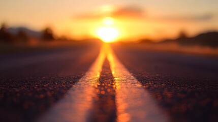 Golden sunset illuminating a long asphalt road.