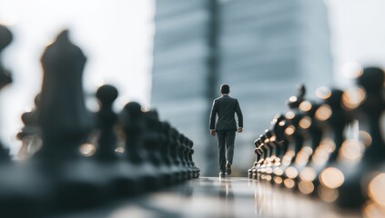 Businessman walks toward city, surrounded by chess pieces