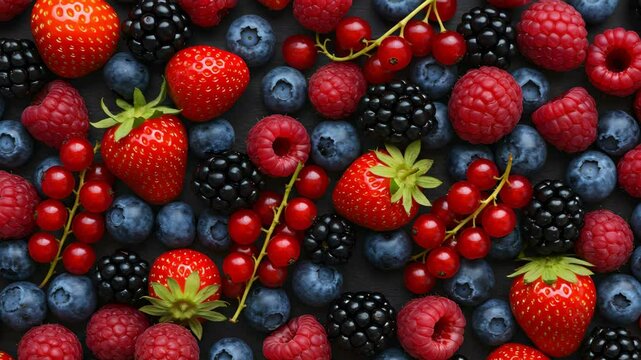 Assorted Fresh Berries Strawberries Blueberries and Raspberries Background with Natural Lighting