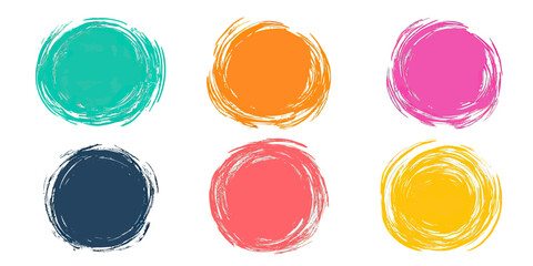 Set of six colorful hand drawn rough scribble circle frames with crayon texture in turquoise orange pink navy blue coral and yellow vector illustration
