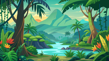 Tropical Paradise. Serene Jungle River and Lush Greenery