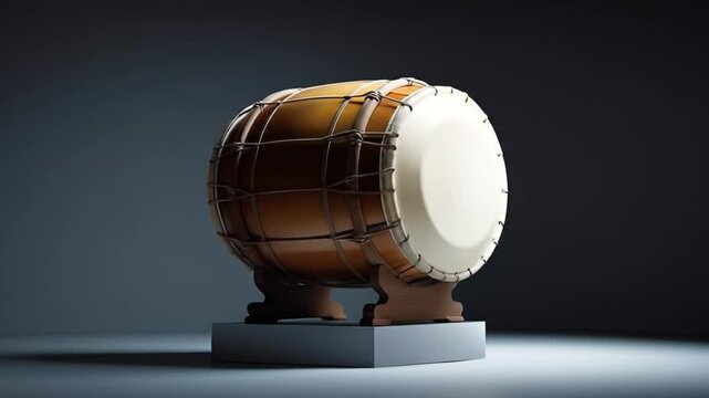 Artistic studio scene of dhol drum centered on pedestal with soft dramatic lighting