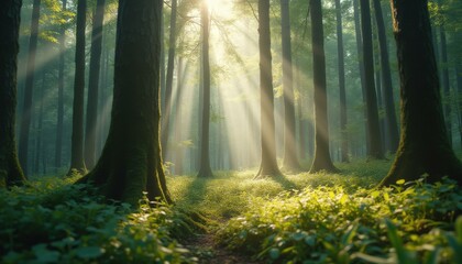 Obraz premium Sunbeams filtering through trees in serene forest setting