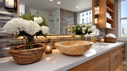 Sustainable bathroom interior with handcrafted stone sink high resolution image
