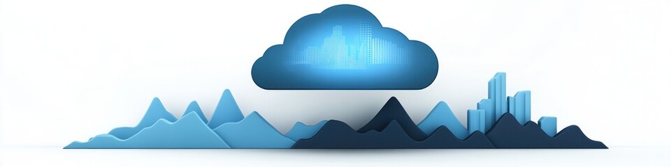 A blue cloud above mountain range and bar graph on a white background in a digital illustration