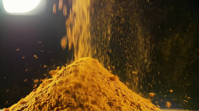 Golden Turmeric Powder Cascade Creating a Mound on Dark Background Displaying Culinary Spice Ingredient Freshness
