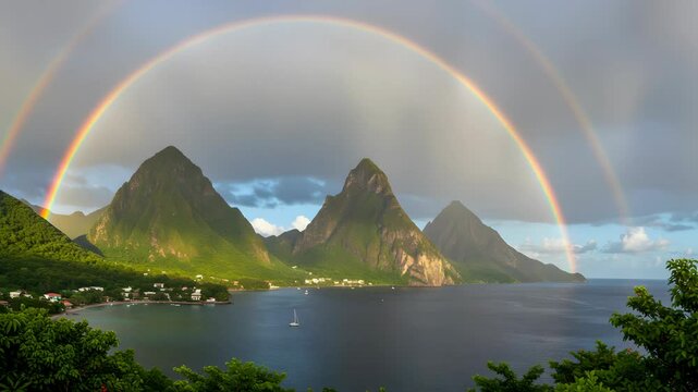 Double Rainbow Over Pitons Mountains Saint Lucia Tropical Seascape with Lush Greenery Calm Ocean and Partly Cloudy Sky