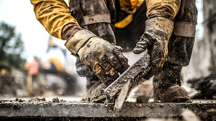 Obraz premium Worker smoothing wet concrete with a trowel, wearing protective gloves and boots