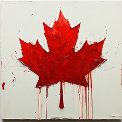 Artistic painted rendering of a red maple leaf representing canada on a white background
