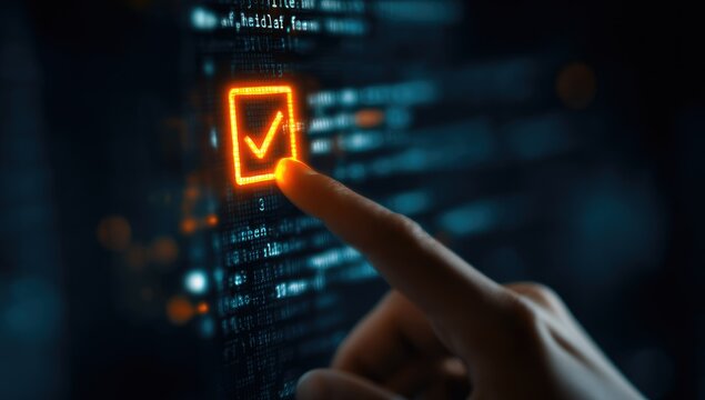 A finger touches a glowing orange checkmark superimposed on a screen displaying lines of computer code, signifying successful completion or verification of a process