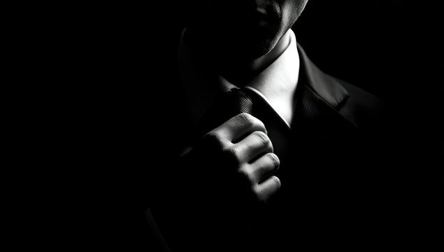 A dramatically lit, close-up monochrome image of a man in a suit adjusting his tie, his face mostly obscured by shadow