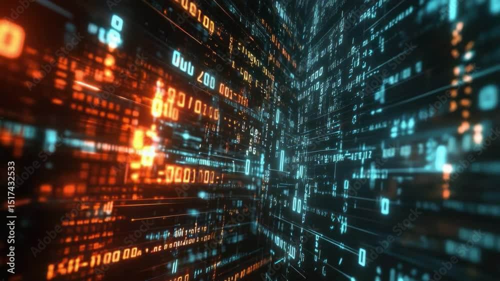 Fototapete Digital Matrix: Experience the complex beauty of data with this captivating visual of a digital matrix. Binary code streams across a grid-like structure.