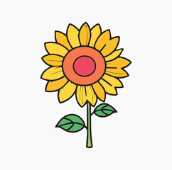 Colorful sunflower illustration in vibrant yellow, orange, and green hues. Simple, stylized sunflower design with gradient colors and detailed petals against a plain white background.