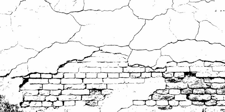  black and white  cracked wall with exposed brick creating  textured and abstract background effect