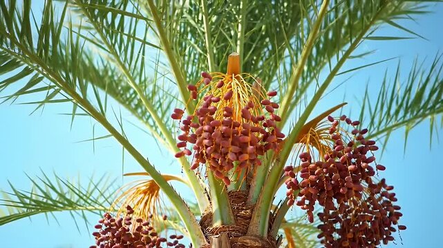 Low Angle View of Ripe Dates on a Palm Tree Against Clear Blue Sky Creating Tropical and Agricultural Themes in Daylight
