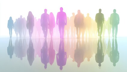 Obraz premium Colorful silhouettes of people walking, reflected