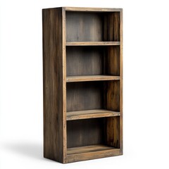 Minimalist wooden bookcase with empty shelves on white background