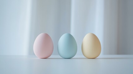 Three pastel colored eggs on white surface indoors