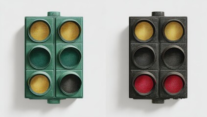 Two vintage traffic lights, green and red, displayed on a white background