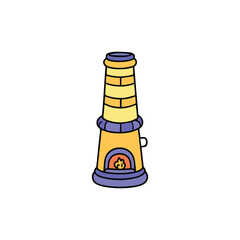 Colorful illustration of a stylized stove with a tower-like design. A simple, decorative depiction of a fire stove in a whimsical style.