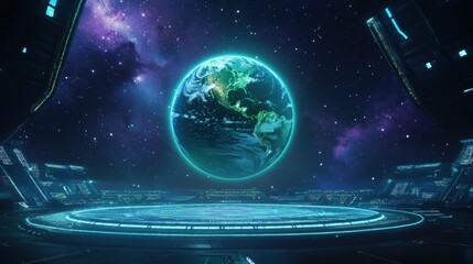Holographic Earth viewed from futuristic space station at night