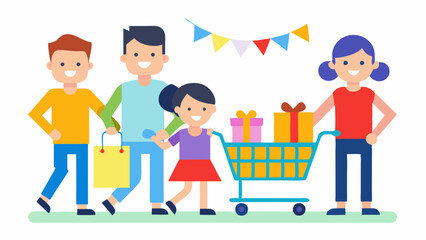 Fototapeta premium A cheerful family of four including two parents and their children smiles broadly while pushing a shopping cart filled with colorful packages and toys. Bright sale banners hang