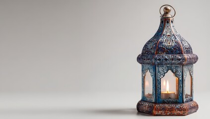 Ornate, blue and gold lantern, lit candle