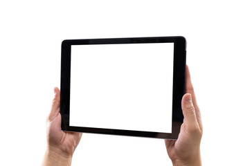 Hand holding digital tablet with blank screen isolated on white background