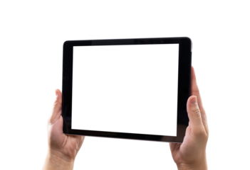 Hand holding digital tablet with blank screen isolated on white background