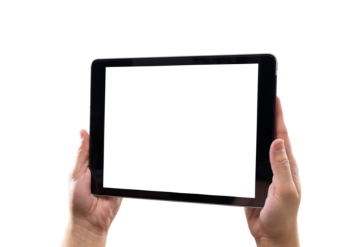 Hand holding digital tablet with blank screen isolated on white background