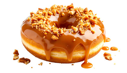 A delicious caramel donut topped with crushed nuts, perfect for dessert lovers and sweet treats enthusiasts.