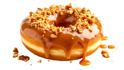 A delicious caramel donut topped with crushed nuts, perfect for dessert lovers and sweet treats enthusiasts.