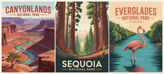 Set of retro-style vector travel posters featuring iconic USA National Parks: Canyonlands, Sequoia, Everglades. Vintage design perfect for travel, nature, and adventure projects.