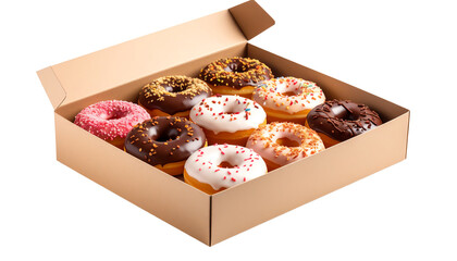 Delicious assorted donuts in a box, showcasing a variety of flavors and colorful toppings, perfect for any occasion.
