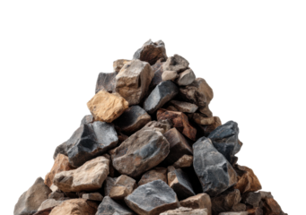 Mountain of natural stones quarry rock pile natural environment view texture focus isolated on transparent background