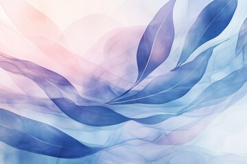 A soft abstract composition of flowing translucent shapes in pastel hues of pink, orange, and blue, resembling delicate leaves or fabric