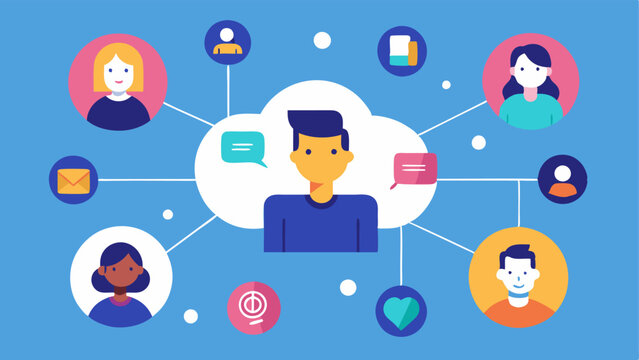 Community Support An engaging illustration depicting a virtual community of users connecting via the app sharing success stories and tips in a chat or forum interface.