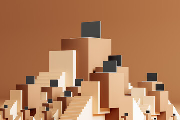 Ascending stage with laptops and stairs creating a unique landscape