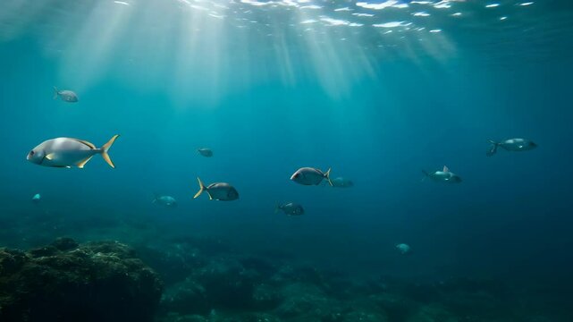 Underwater Scene with Silver Fish Swimming in Turquoise Water with Sunlight and Rocks on the Seabed