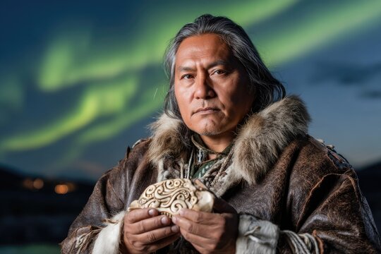 Close-up portrait of an Inuit shaman wearing traditional ceremonial clothing made of thick leather and fur