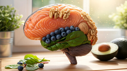A fresh, vibrant arrangement of brain-boosting foods (walnuts, salmon, blueberries, avocados, dark leafy greens) artfully shaped like a human brain on a wooden cutting board