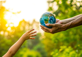 Adult hands giving earth globe to child s reaching hand, earth, globe, child, adult, hands, giving, reaching, nature, green, environment, ecology