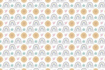 Cute Summer Rainbow and Sun Seamless Pattern with Clouds and Stars