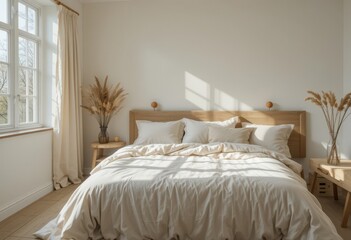 bedroom with beige linens, wooden headboard and dried flowers