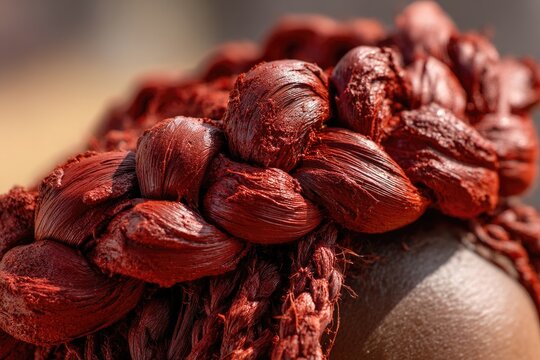 Close-up of vibrant red otjize paste applied thickly on skin and hair