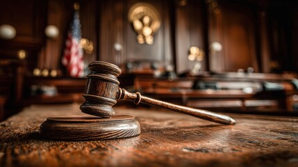 A wooden judge's gavel rests on a desk in a courtroom with the American flag and emblem in the background.