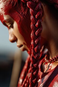 Close-up of vibrant red otjize paste applied thickly on skin and hair