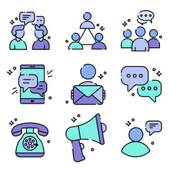 communication icon set, including people talking, group discussions, chat bubbles, mobile messaging, email, phone call, loudspeaker, and user interaction symbols. icon sheet.