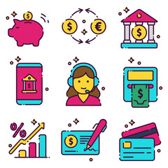 Set of colorful banking and financial icons, including piggy bank, currency exchange, bank building, ATM, mobile banking, customer support, check, credit card, and percentage chart. 
