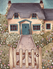 Painting of a country house with a garden